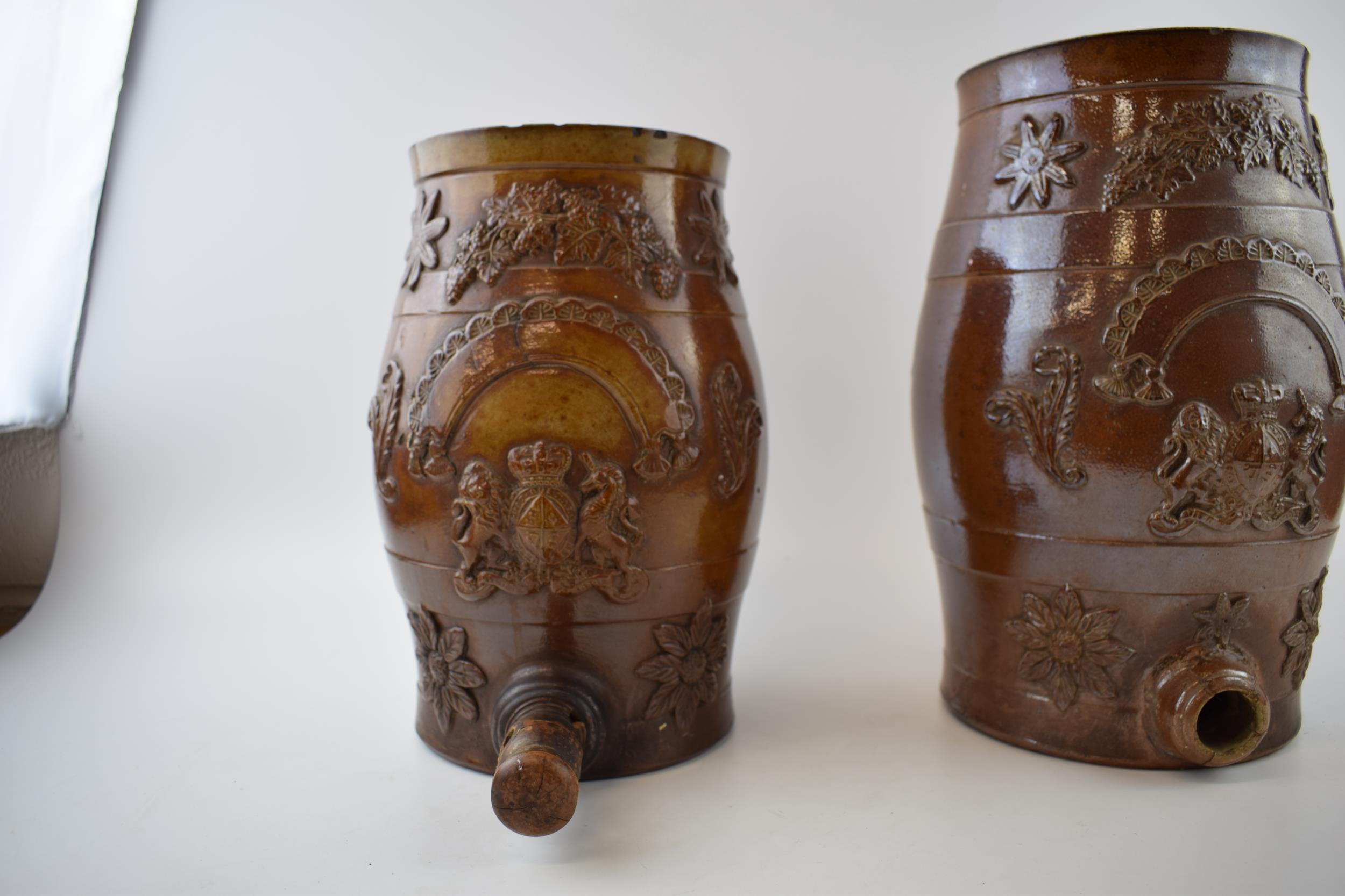 Two 19th stoneware water coolers / dispensers with crests in applied relief decoration. Height - Image 2 of 7