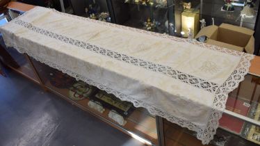 19th century hand embroidered table / bed runner in white linen with hand macrame lace to boarder.