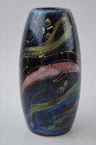 Anita Harris Art Pottery skittle vase, decorated with Dolphins, 18cm tall, signed by Anita. In