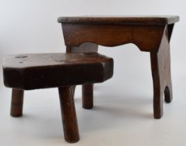 A three legged milking stool (height 18cm, width 28cm) together with another country stool (Height