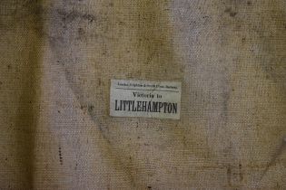 3 large sheets of antique hessian to include 1 with an old luggage label and 2 with indistinct