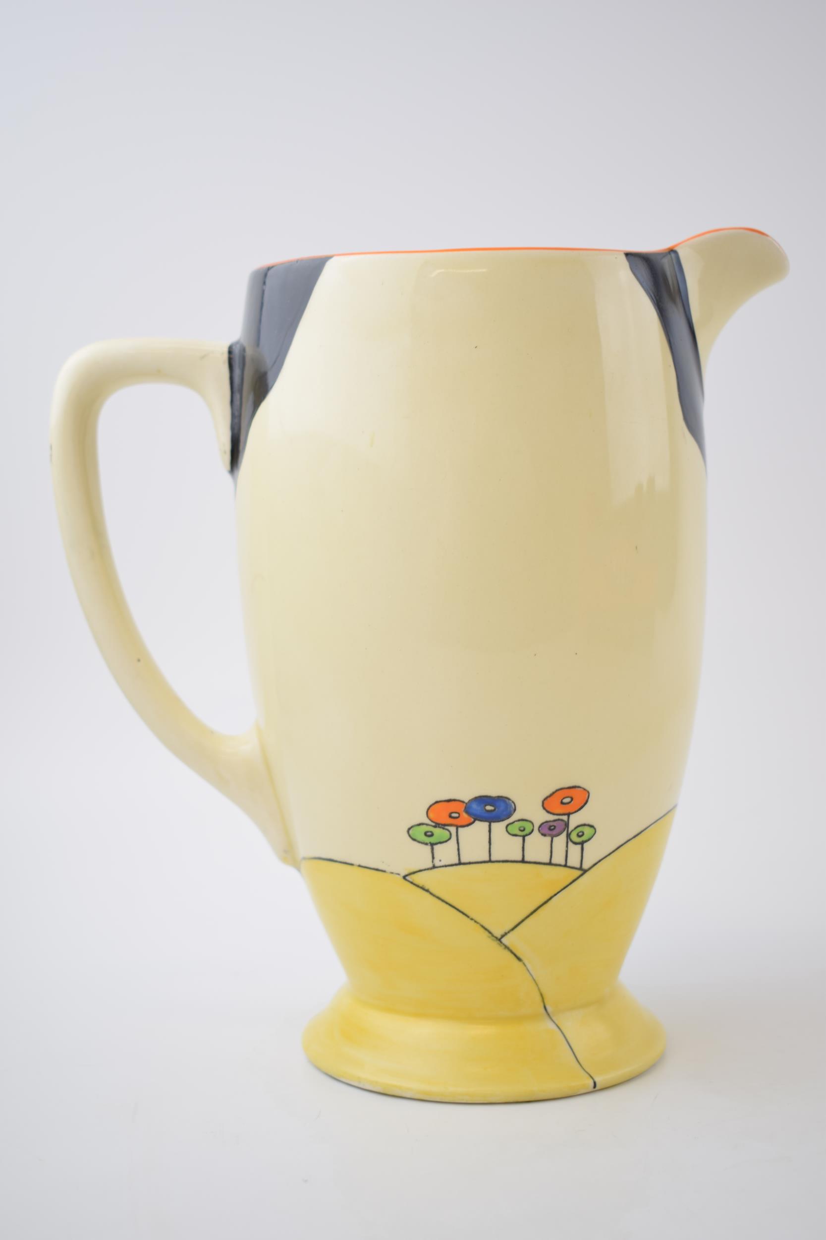Clarice Cliff water jug in the 'Woodland' pattern, 20cm tall, printed marks to base. Displays - Image 2 of 7