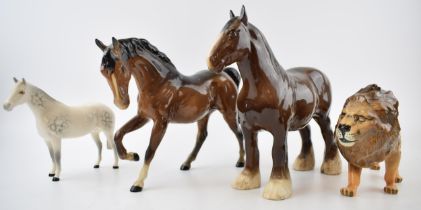 Beswick horses to include brown shire 818, grey thoroughbred (13cm tall), a brown gloss Spirit of