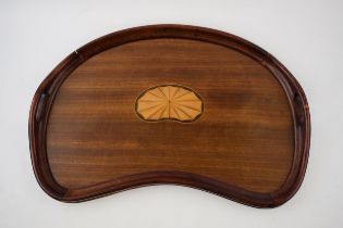 Edwardian tray in satinwood with inlaid marquetry design. Raised edges with carved handles.