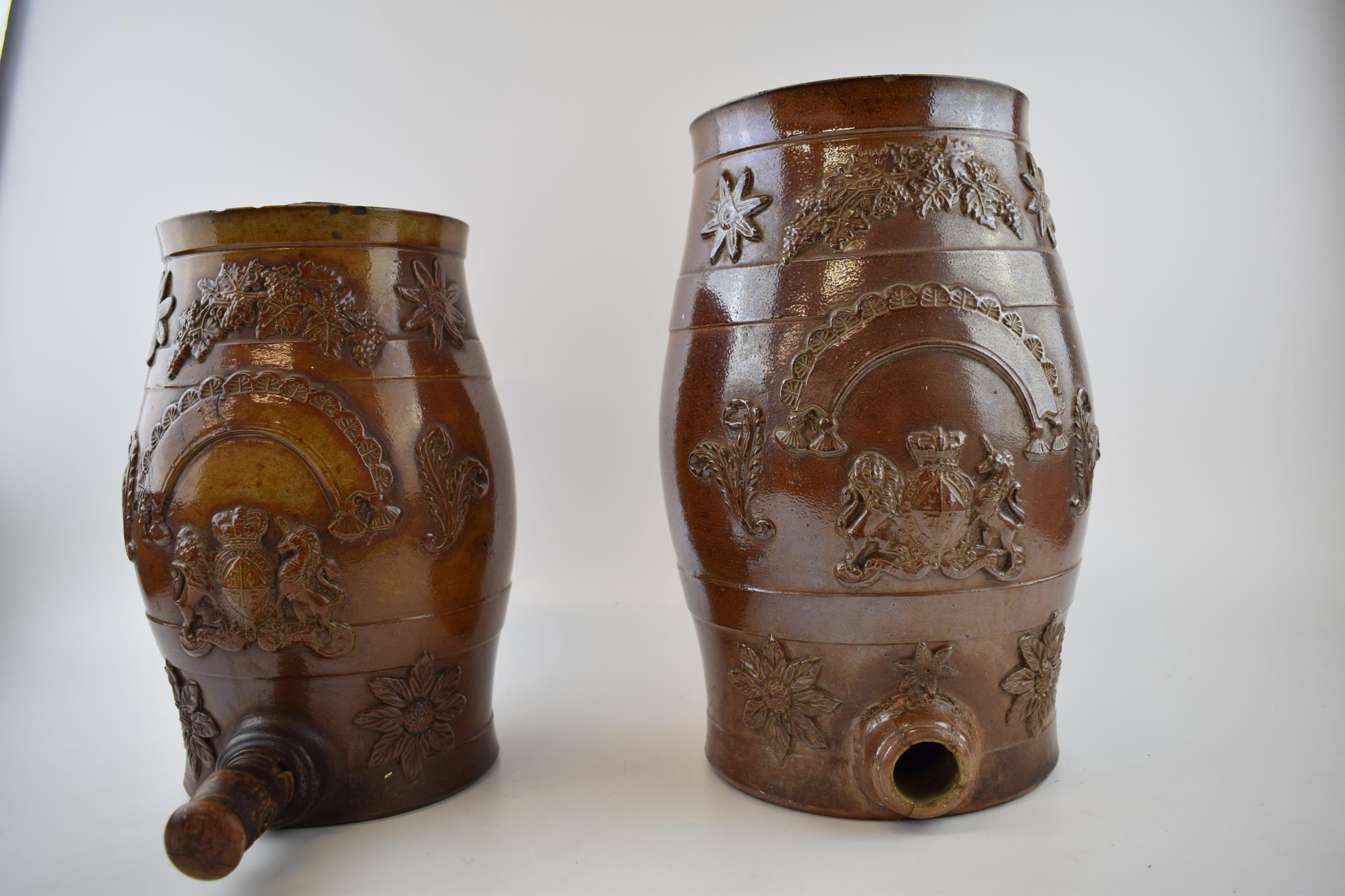 Two 19th stoneware water coolers / dispensers with crests in applied relief decoration. Height - Image 3 of 7