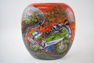 Anita Harris Art Pottery 20cm purse vase in the 'Superbikes' pattern, unique one-off vase,