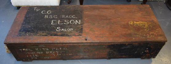 A military ammunition box / tool kit in wood with rope handles. WWII era marked in original paint