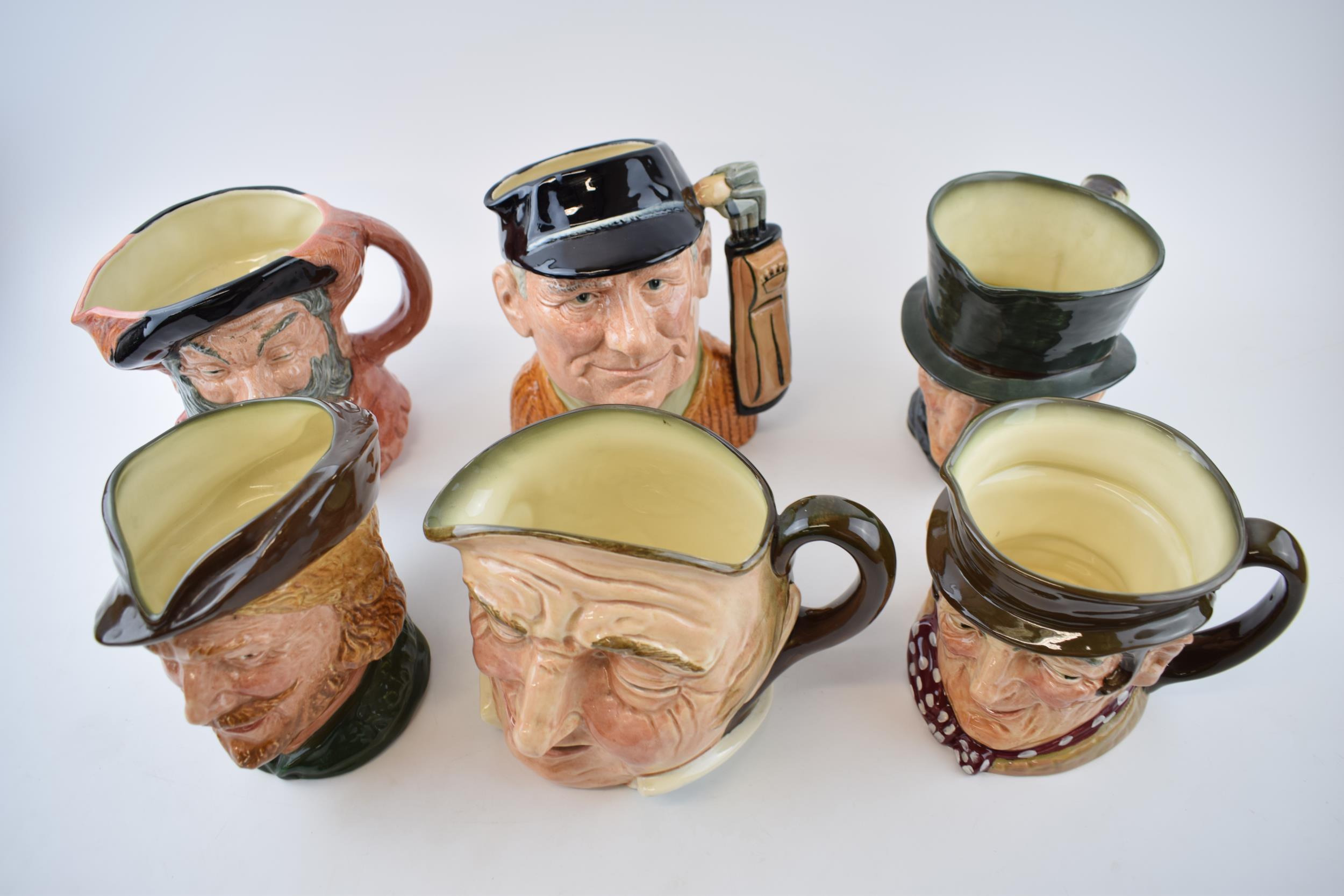 Large Royal Doulton character jugs to include Farmer John, the Golfer, Sam Weller and others (6). In