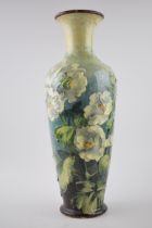 Large Doulton Impasto vase with relief mold flowers (af), 42cm tall. Damage to to the top / neck