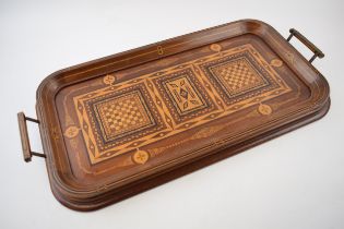 Edwardian mahogany serving rectangular tray with inlaid design with chess board decoration and