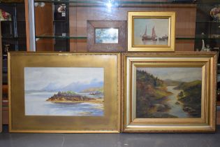 A collection of original artwork to include an oil on board of a sailing scene in gilt frame, a boat