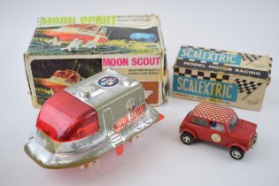 Boxed Moon Scout vintage toy, made in Hong Kong, battery operated, with a Scalextric Mini Cooper