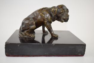 19th century bronze sculpture of mastiff type dog in seated pose on black marble base. Base 18 x