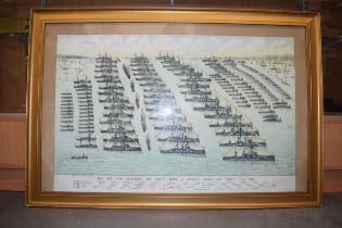 'HM The King Reviewing the British Home and Atlantic Fleets off Cowes 1909' print, in frame, 55cm