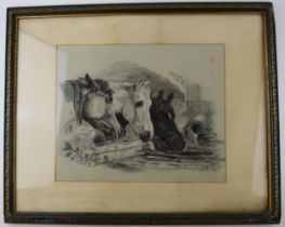 Picture of three horses at water trough by I Vickers 1902. Including frame, 66 x 54cm. In good