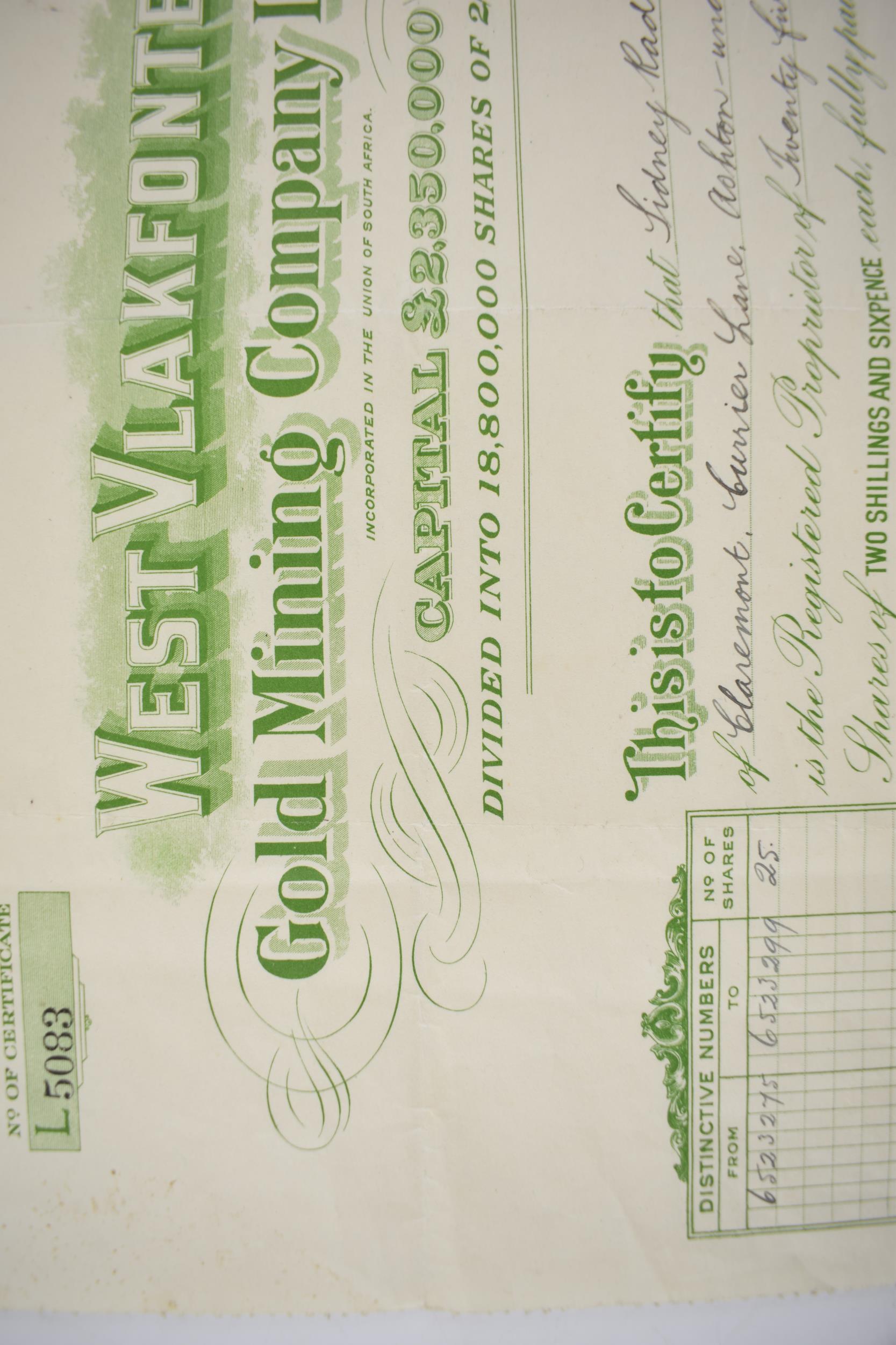 A WEST VLAKFONTEIN Gold Mining Company Limited Shares Certificated dated 10th November 1937. - Image 2 of 4
