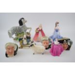 Pottery to include Royal Doulton character jugs, lady figures, Coalport, a 20th century