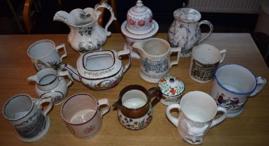 A collection of 19th century pottery to include a W H Goss Progress Blackpoool double handled cup, a