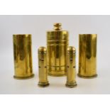 A collection of Trench Art brass items to include shell casings, primers and lidded pot made out