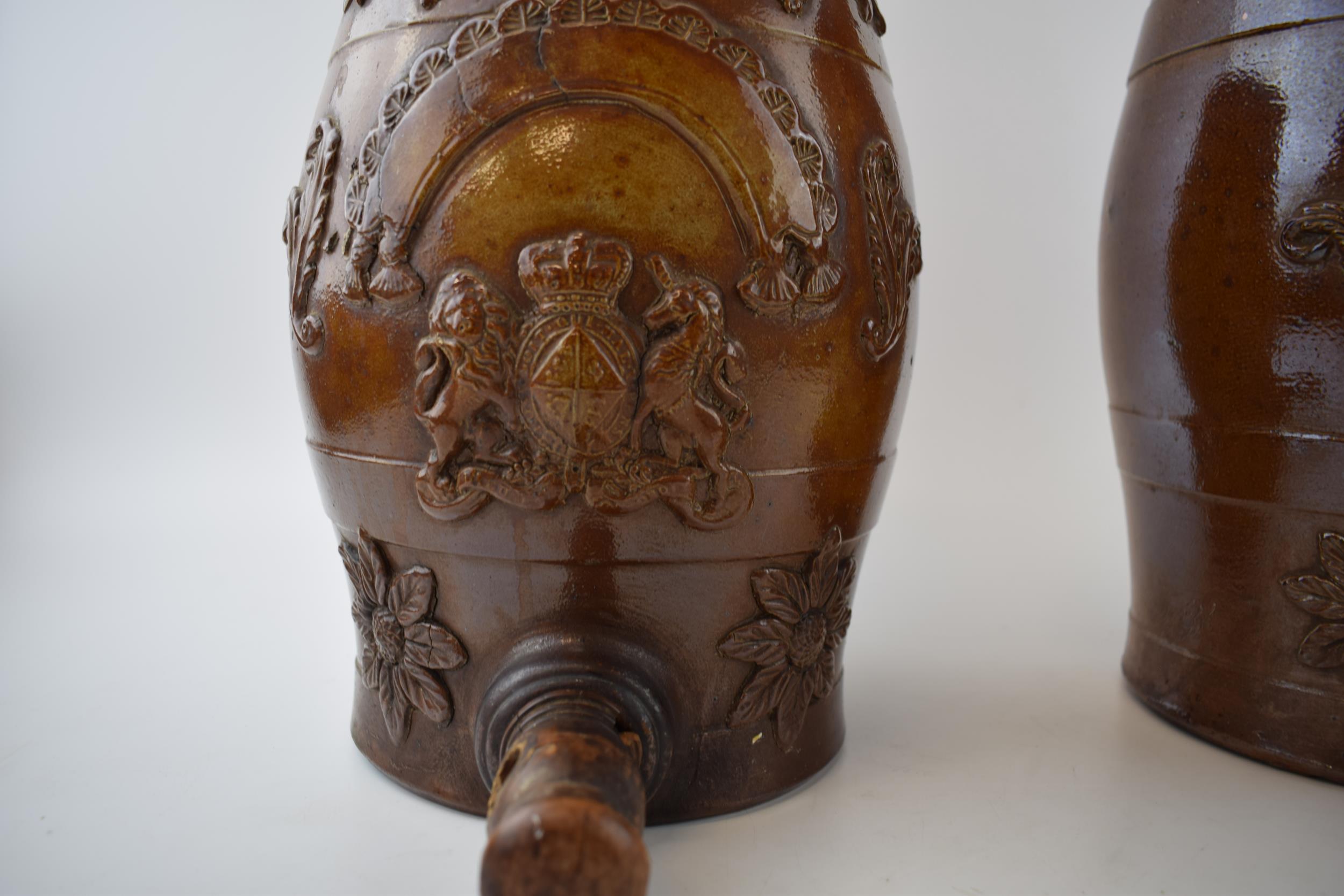 Two 19th stoneware water coolers / dispensers with crests in applied relief decoration. Height - Image 4 of 7