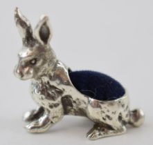 Sterling silver modern pin cushion in the form of a hare, 3cm tall.