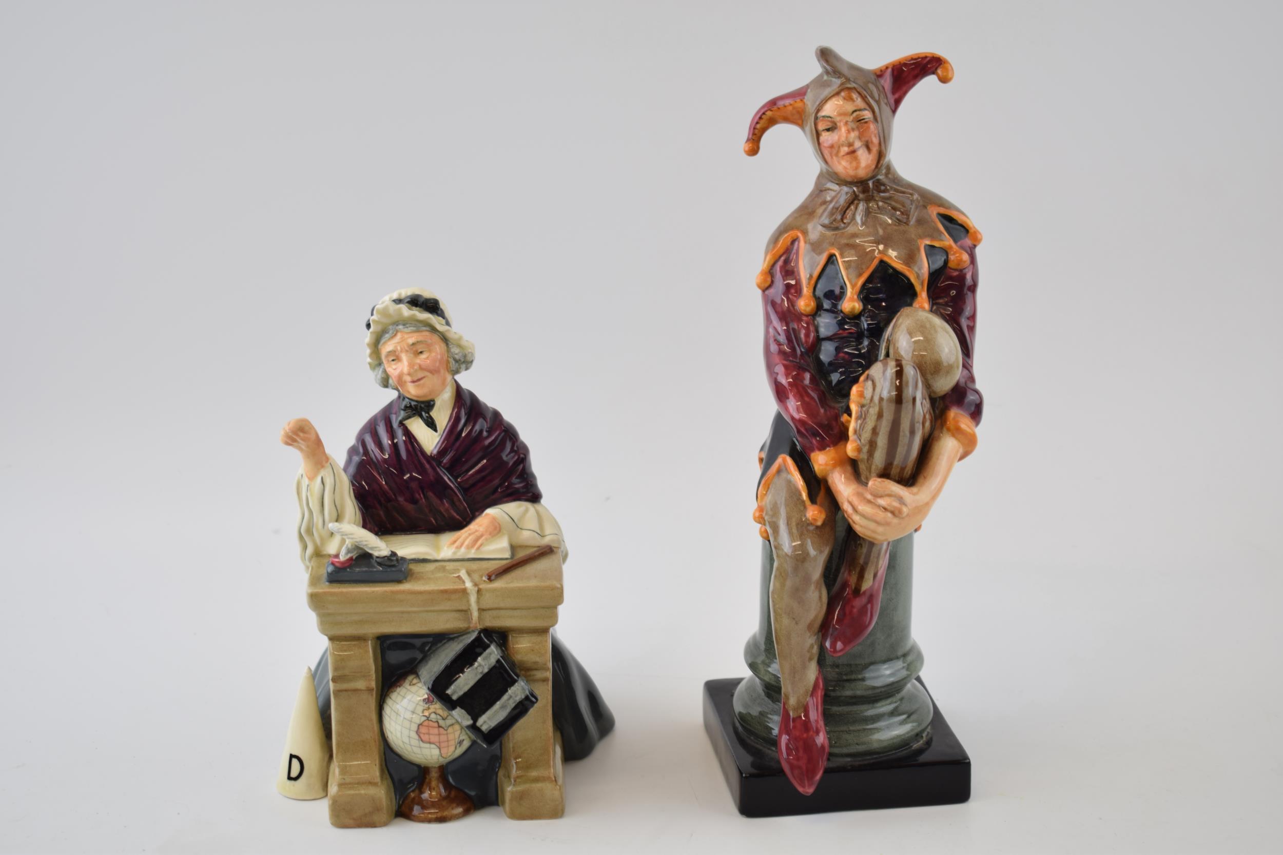 Royal Doulton figures Schoolmarm HN2223 and Jester (af) HN2016 (2). Schoolmarm in good condition