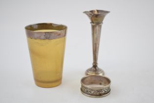 A Victorian horn beaker with silver rim with a silver napkin ring and loaded vase (3). Vase af.
