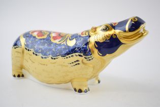 Royal Crown Derby paperweight, Hippopotamus, L12cm x H11cm, complete with gold stopper and red