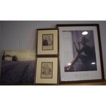 A collection of 4 framed prints, Jack Vettriano Port Gallery together with two etchings The Folley