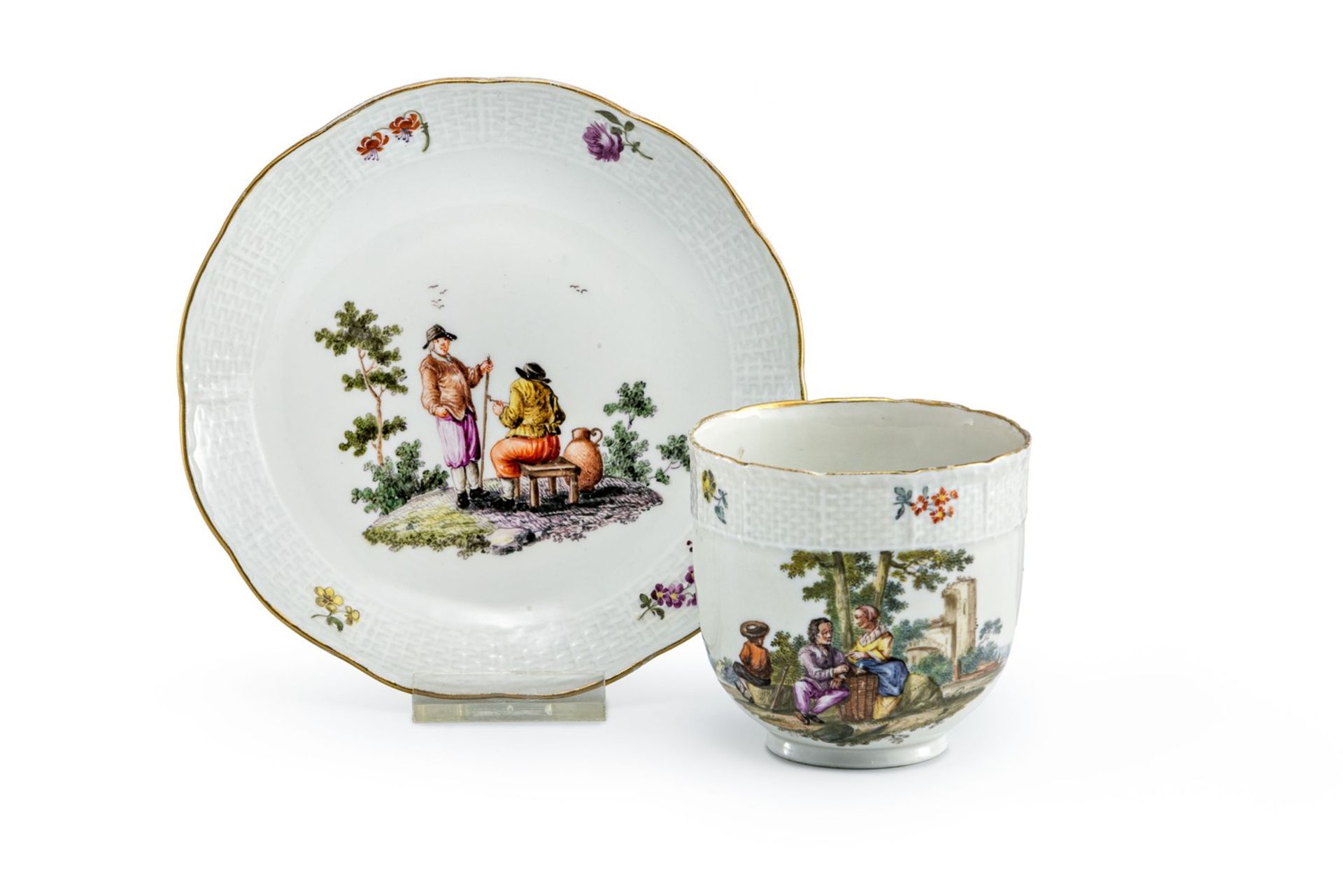 Tasse und Untertasse mit Bauernszenen Meissen, M. 18. Jh.