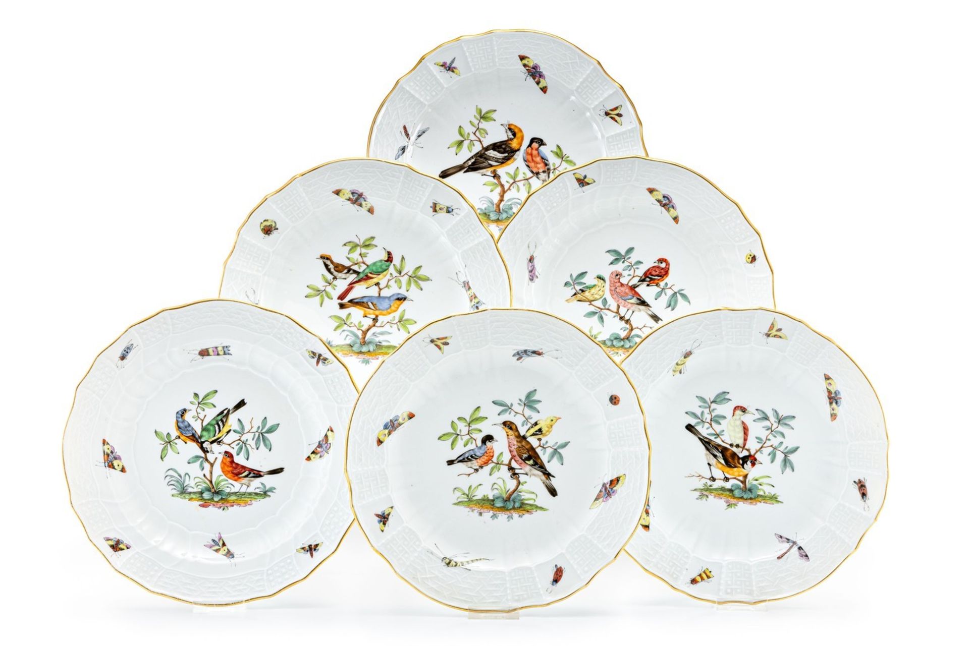 Sechs Teller mit Vögeln und Insekten Meissen, 19. Jh., zweimal nach 1860