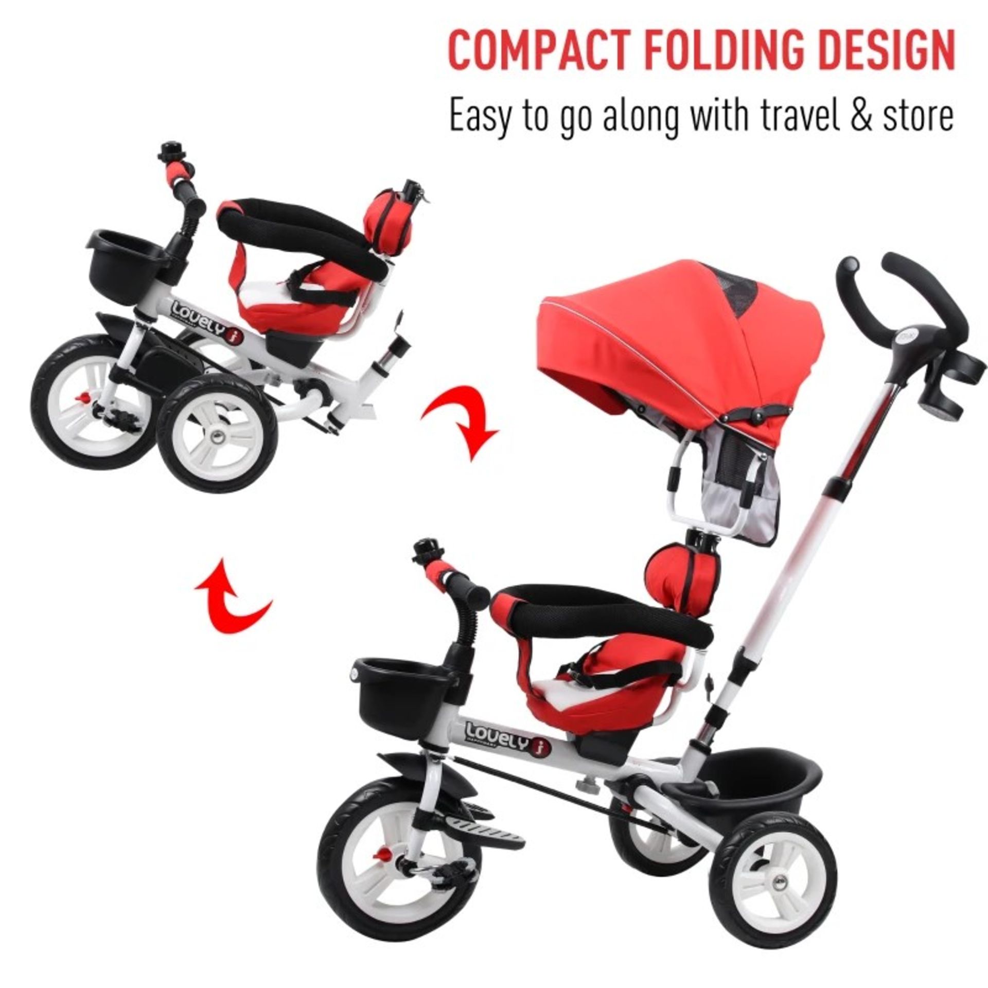 RRP £84.99 - 4-in-1 Kids Tricycle Stroller W/ Canopy-Red - Image 3 of 4