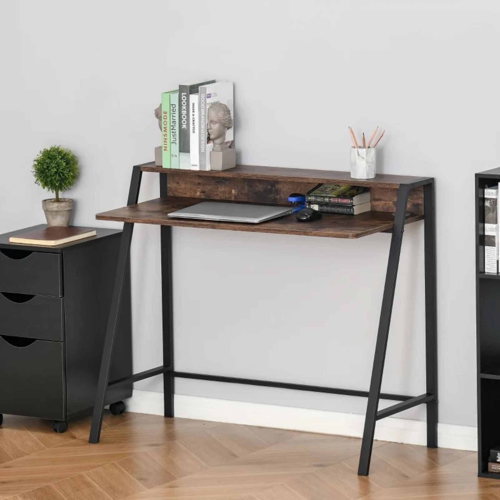 RRP £62.99 - Industrial-Style Writing Desk, with Industrial-Style Writing Desk, with Top Shelf -