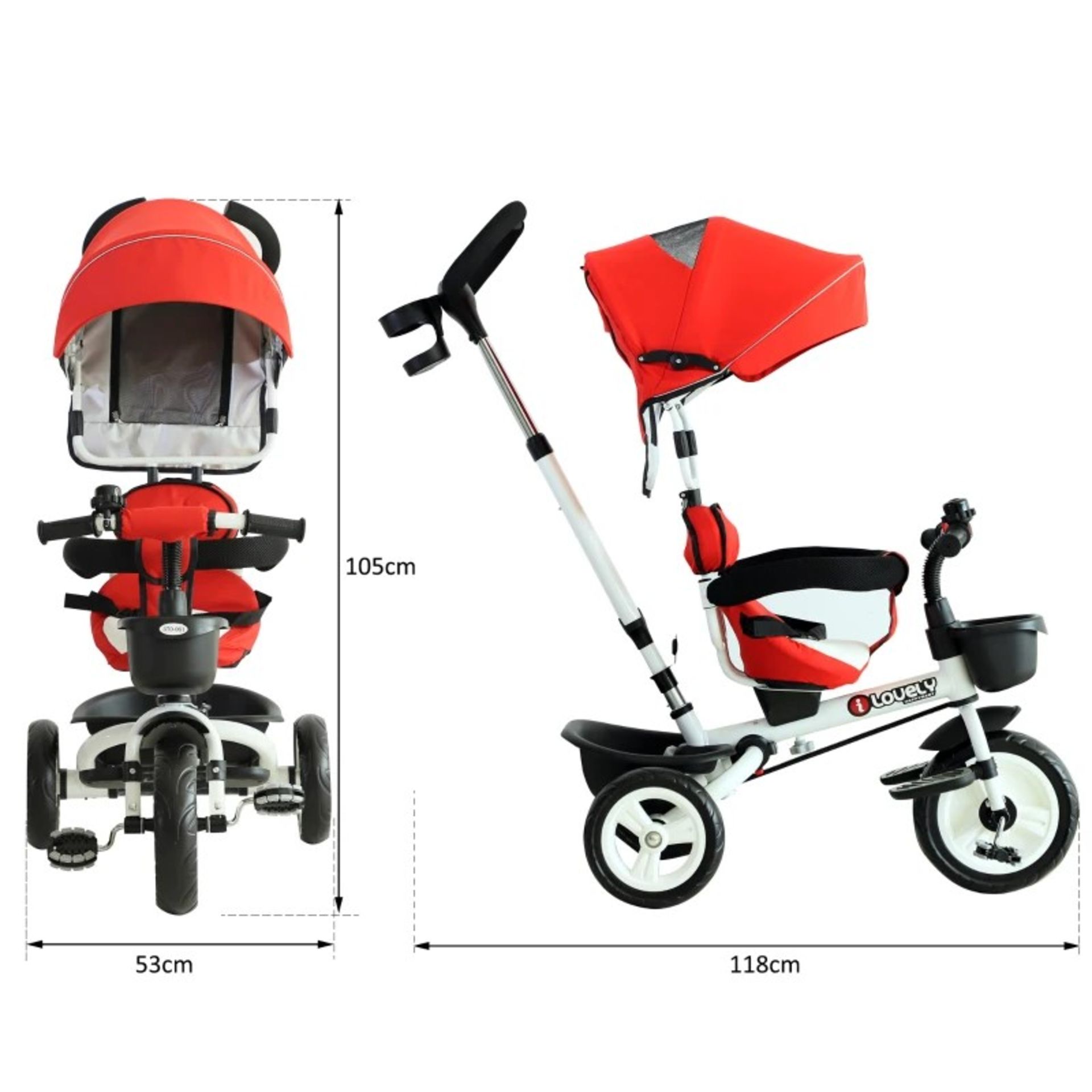 RRP £84.99 - 4-in-1 Kids Tricycle Stroller W/ Canopy-Red - Image 2 of 4
