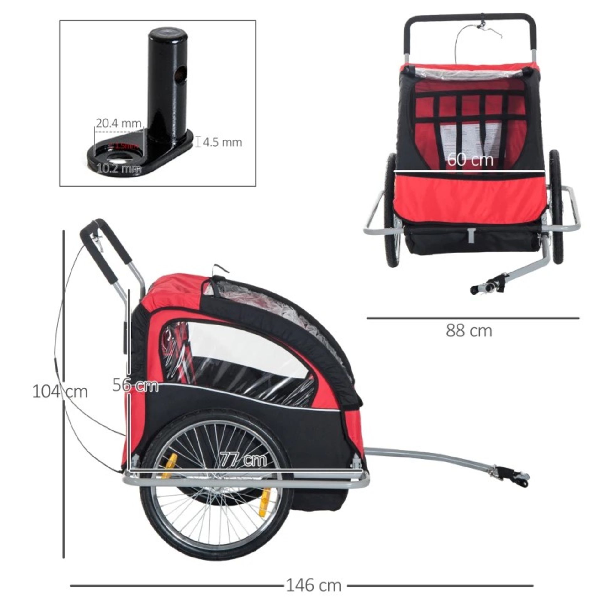 RRP £109.99 - Collapsible Bike Trailer 2-Seater Child Stroller Baby Jogger with Pivot Wheel-Red - Image 3 of 4