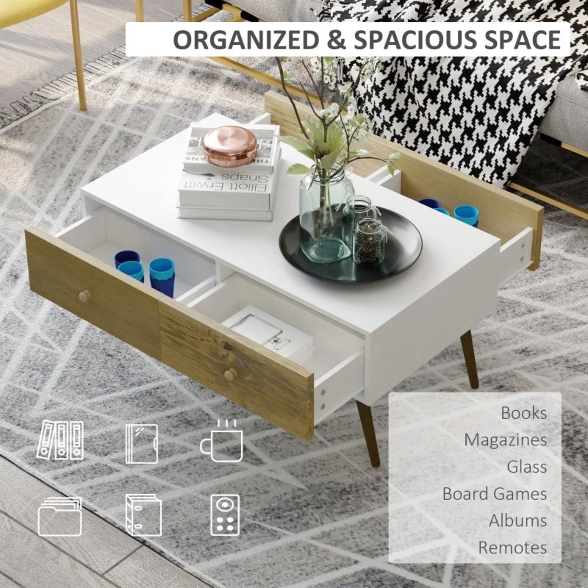 RRP £56.99 - Two-Drawer Scandinavian-Style Coffee Table, with Wood Legs - White - Image 3 of 4
