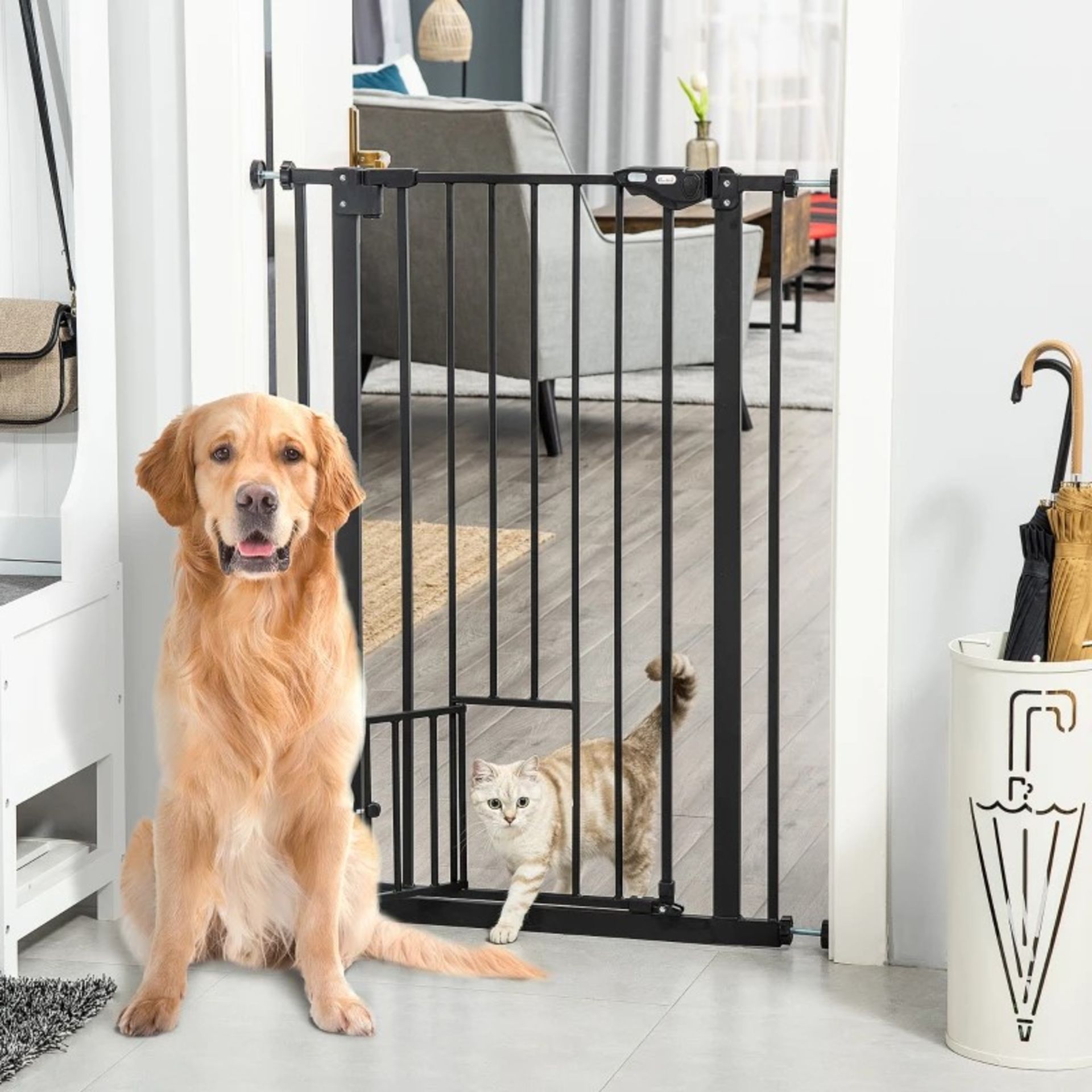 RRP £89.99 - PawHut Extra Tall Dog Gate with Cat Door, Pet SafetyPawHut Extra Tall Dog Gate with Cat - Image 2 of 4