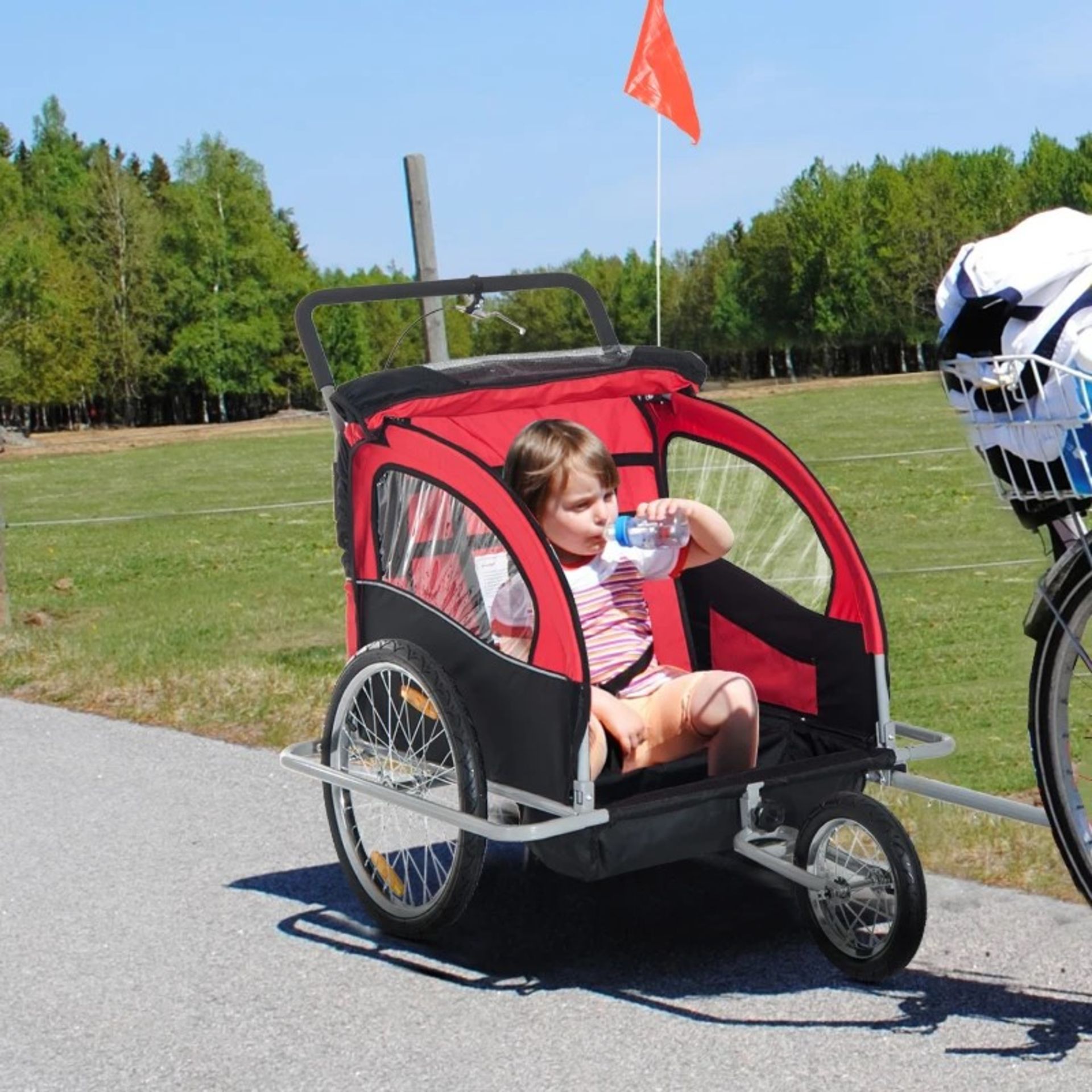 RRP £109.99 - Collapsible Bike Trailer 2-Seater Child Stroller Baby Jogger with Pivot Wheel-Red - Image 2 of 4