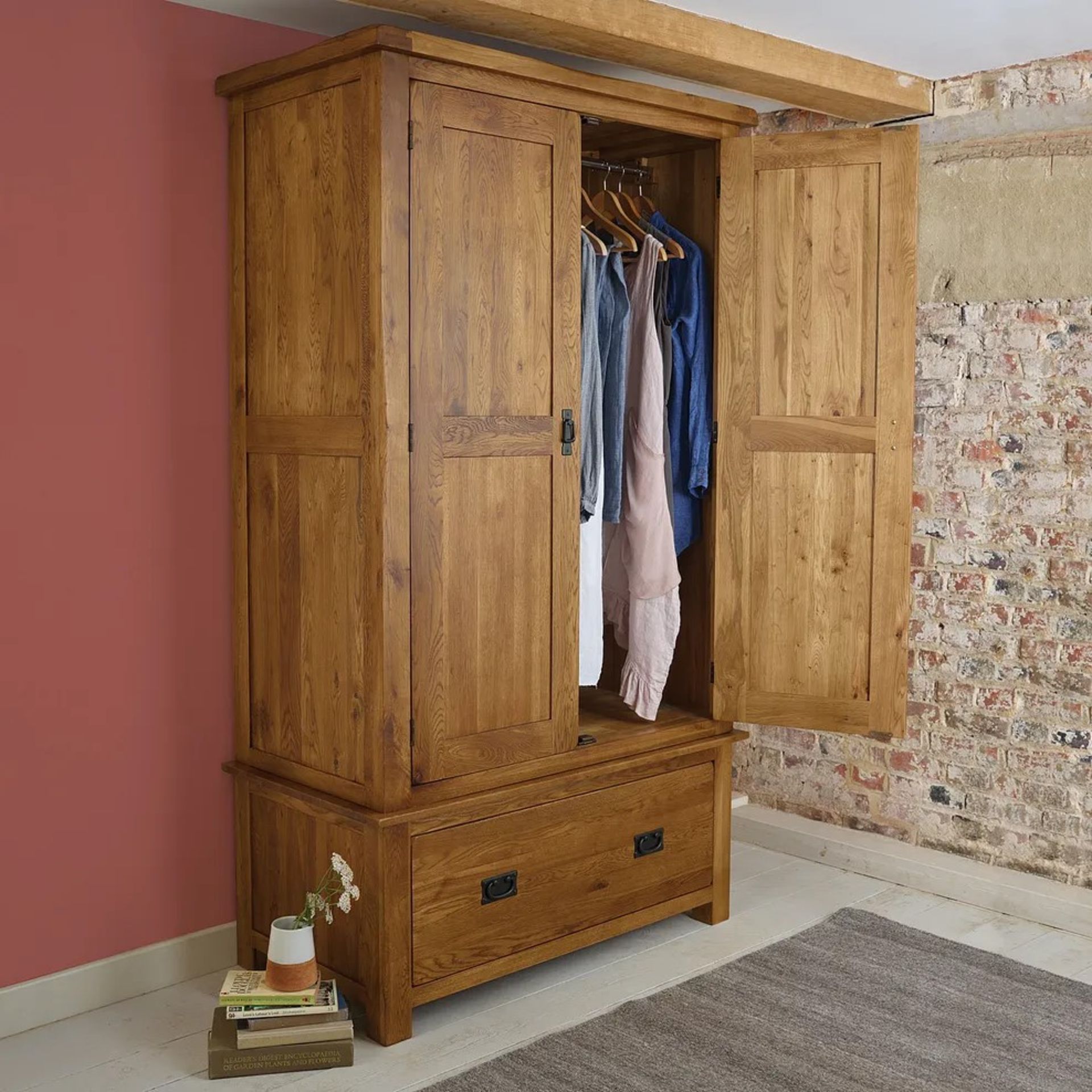 RRP £799.99 - OAK FURNITURELAND ORIGINAL RUSTIC Rustic Solid Oak Double Wardrobe - NO BASE, FEW