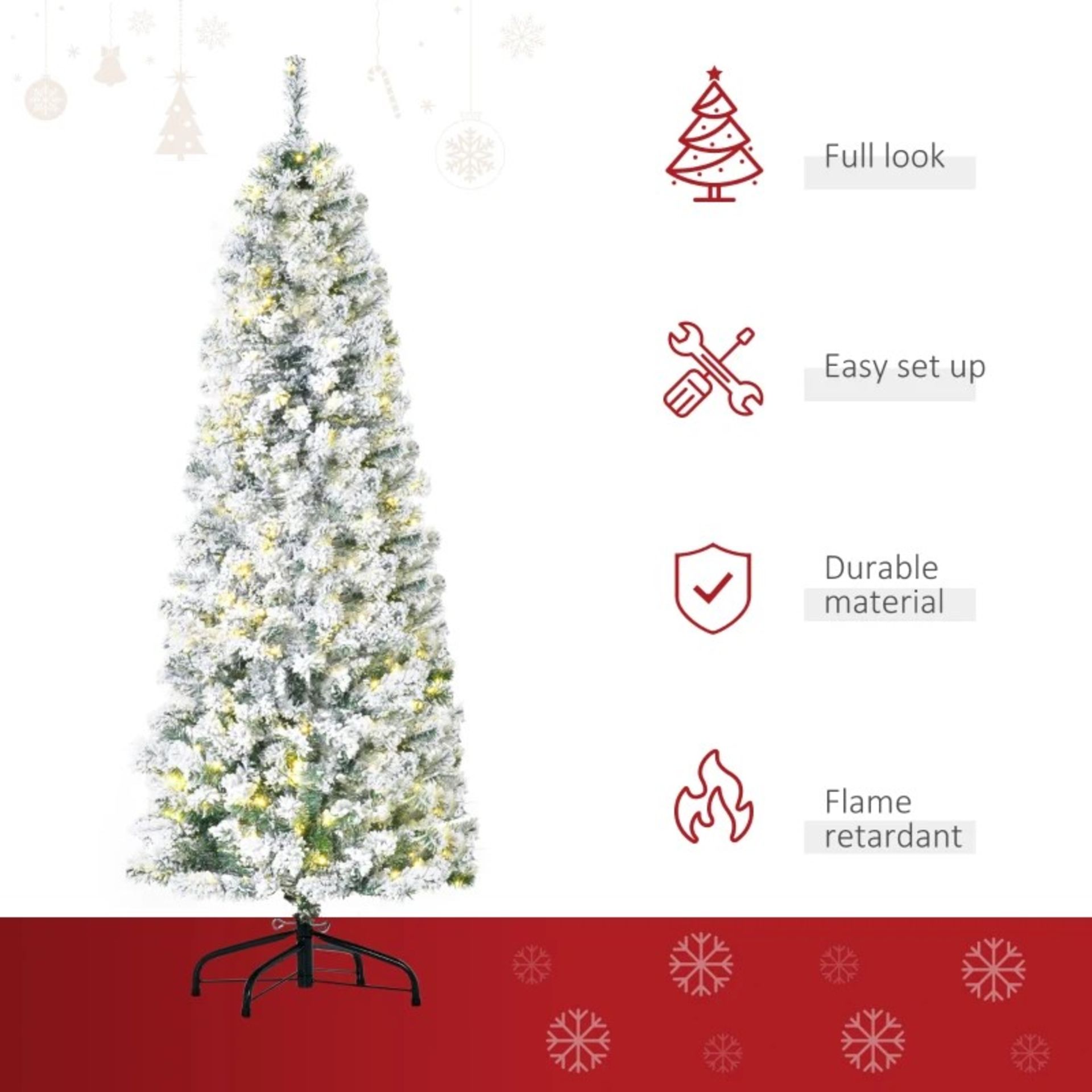 RRP £99.99 - 6FT Prelit Artificial Snow Flocked Christmas Tree with Warm White LED Light, Holiday - Image 2 of 4