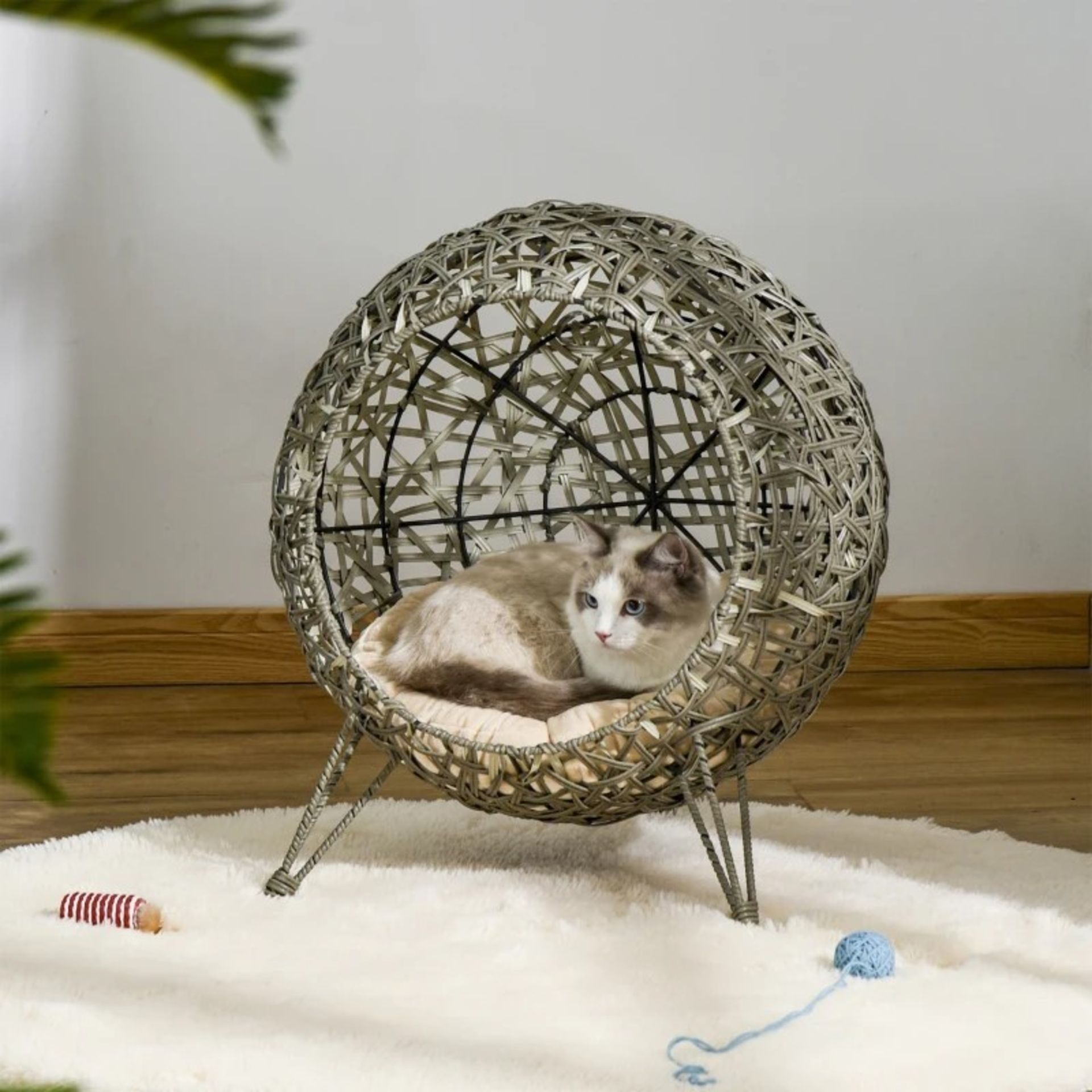 RRP £125.99 - Rattan Wicker Elevated Cat House Kitten Pussy Basket Pet Bed w/ Cushion Smoky Grey -