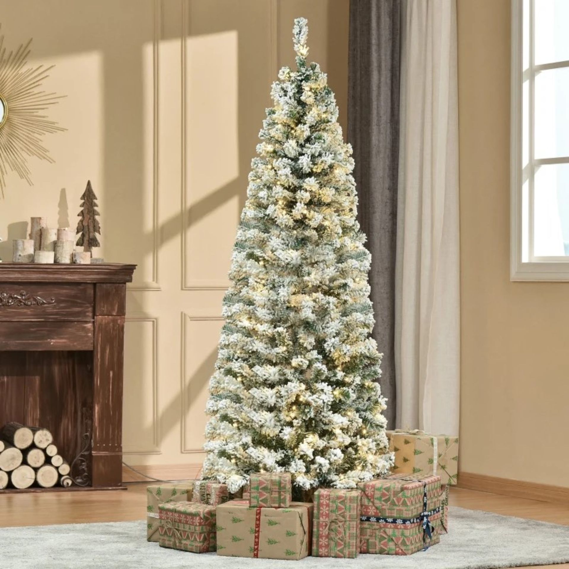 RRP £99.99 - 6FT Prelit Artificial Snow Flocked Christmas Tree with Warm White LED Light, Holiday