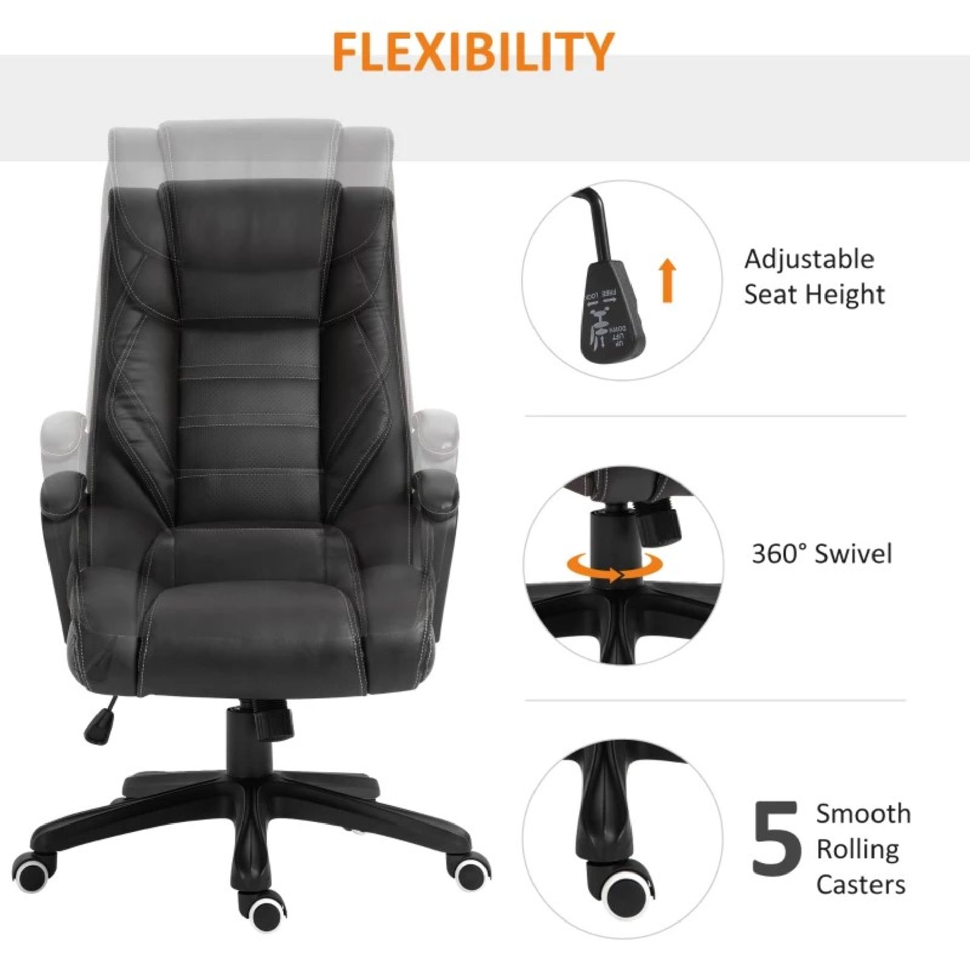 RRP £184.99 - Faux Leather Massage Executive Office Chair - Black - Five wheels: The swivel chair is - Image 2 of 4