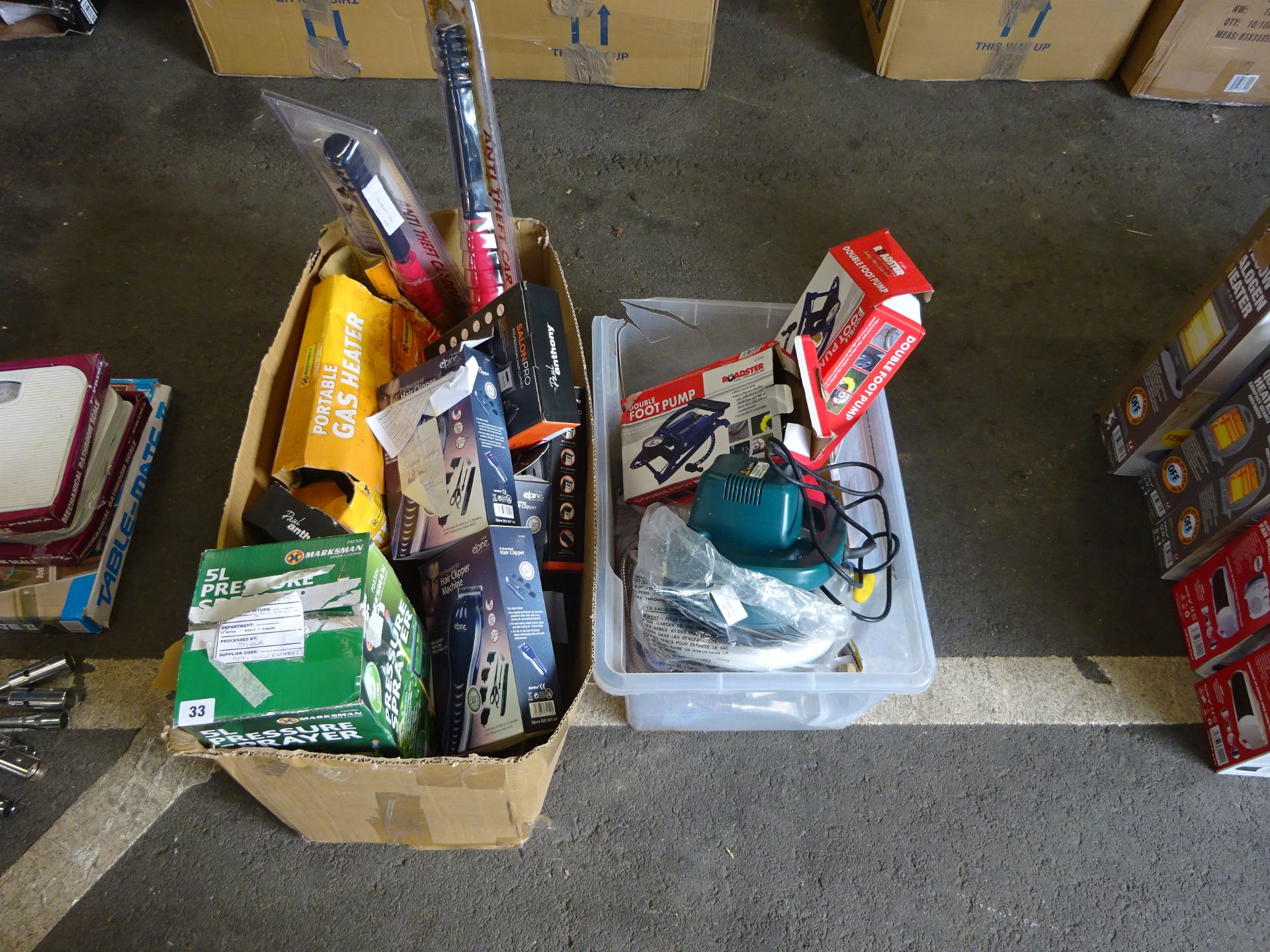 2 BOXES CONTAINING PORTABLE GAS HEATER, CLIPPERS, PRESS SPRAYER, CAR ANTI THEFT DEVICES ETC