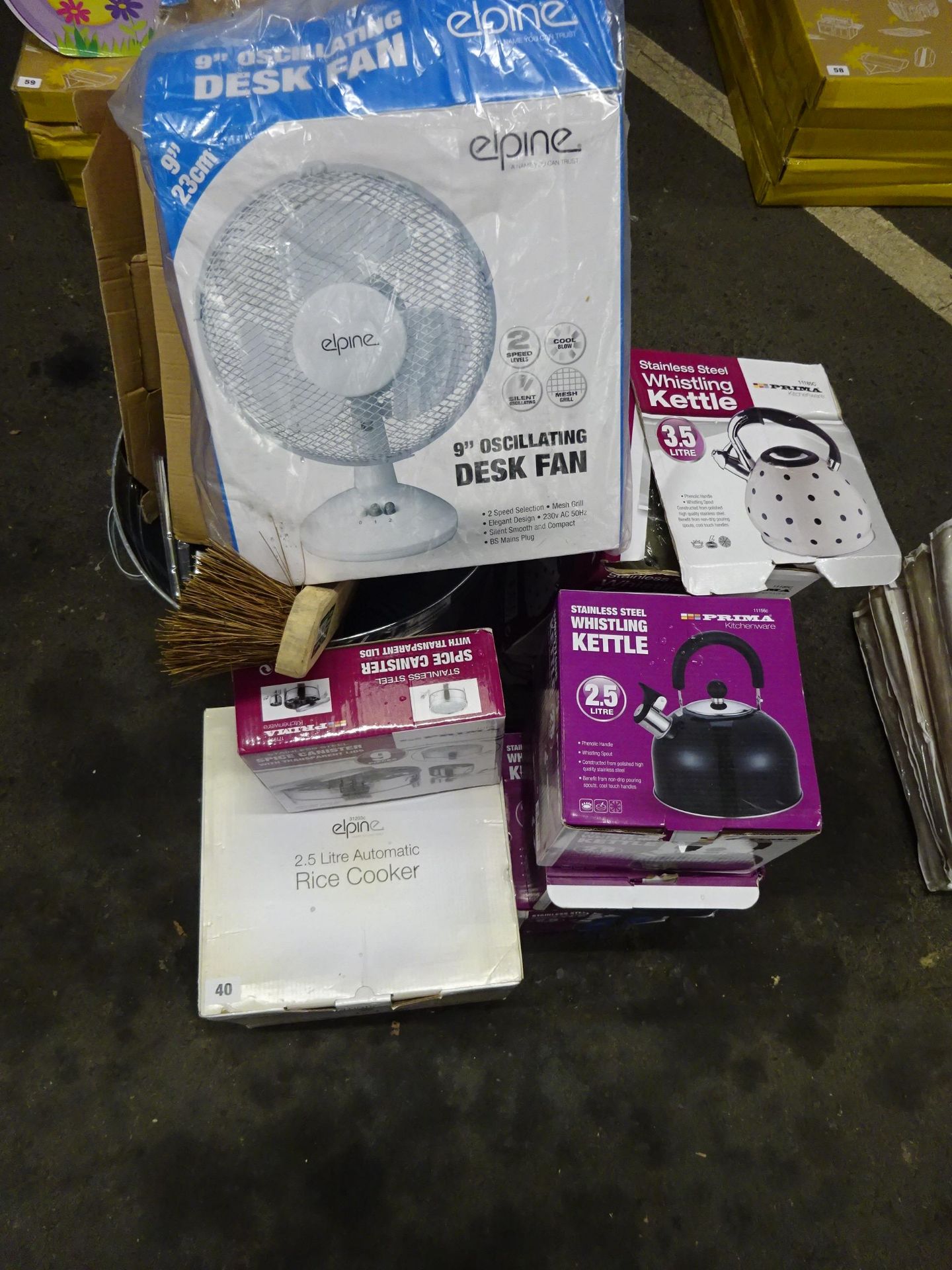 QTY OF WHISTLING KETTLES, KITCHEN SCALES, RICE COOKER,DESK FAN & ODDS