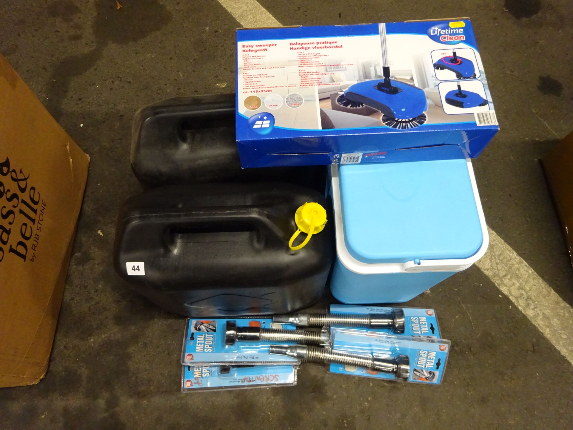 2 PLASTIC STORAGE CONTAINERS, SWEEPER, COOLER BOX & QTYOF METAL SPOUTS