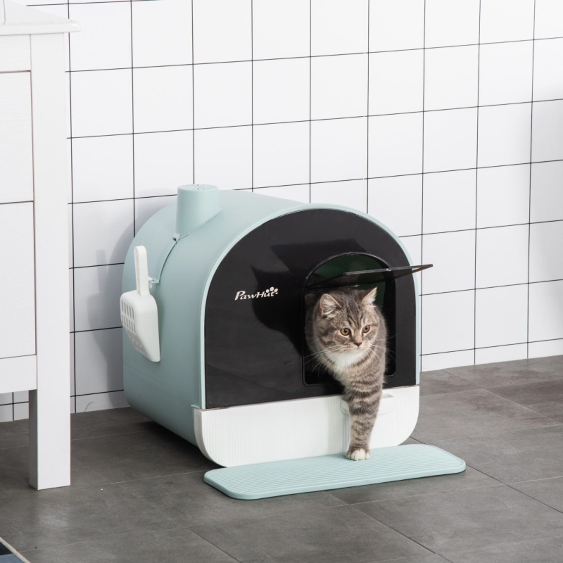 RRP £89.99 - PawHut Cat Litter Box Kitten Litter Tray with Hood Scoop Filter Flap Door, 43x44x47 cm,