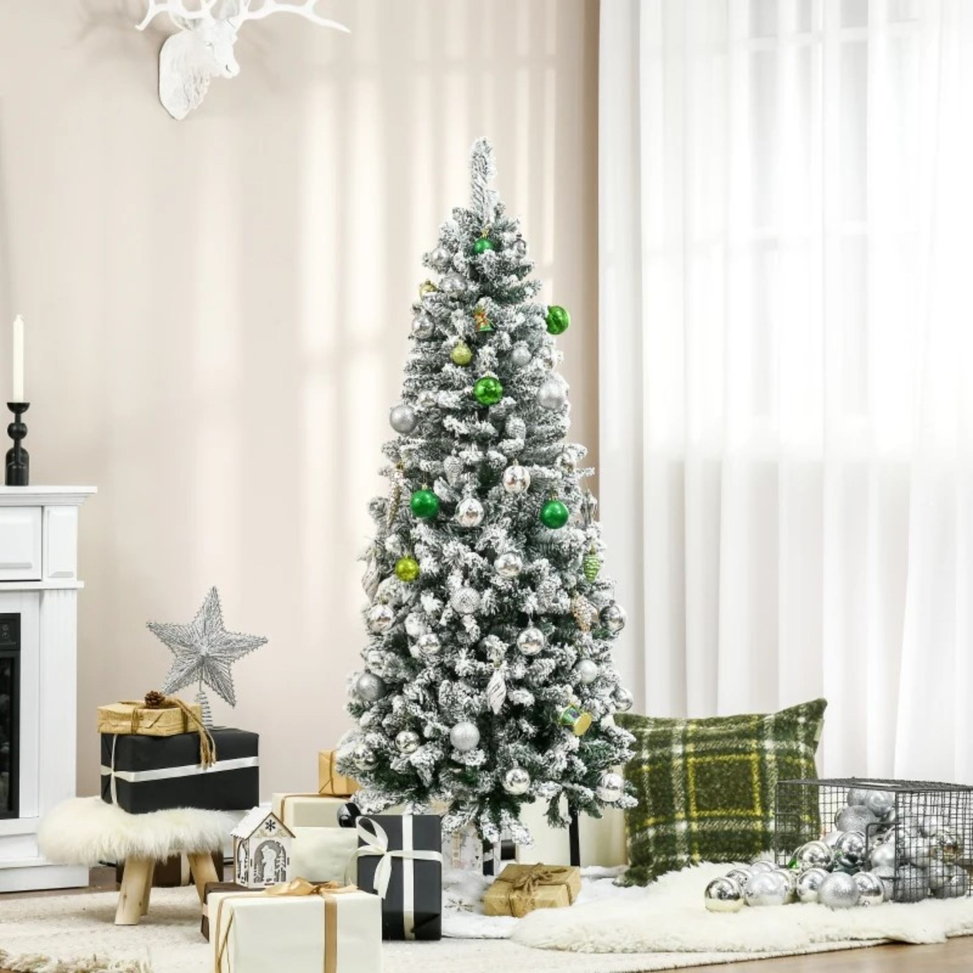 RRP £109.99 - HOMCOM 5FT Snow Flocked Artificial Christmas Tree, Xmas Pencil Tree with 426 Realistic