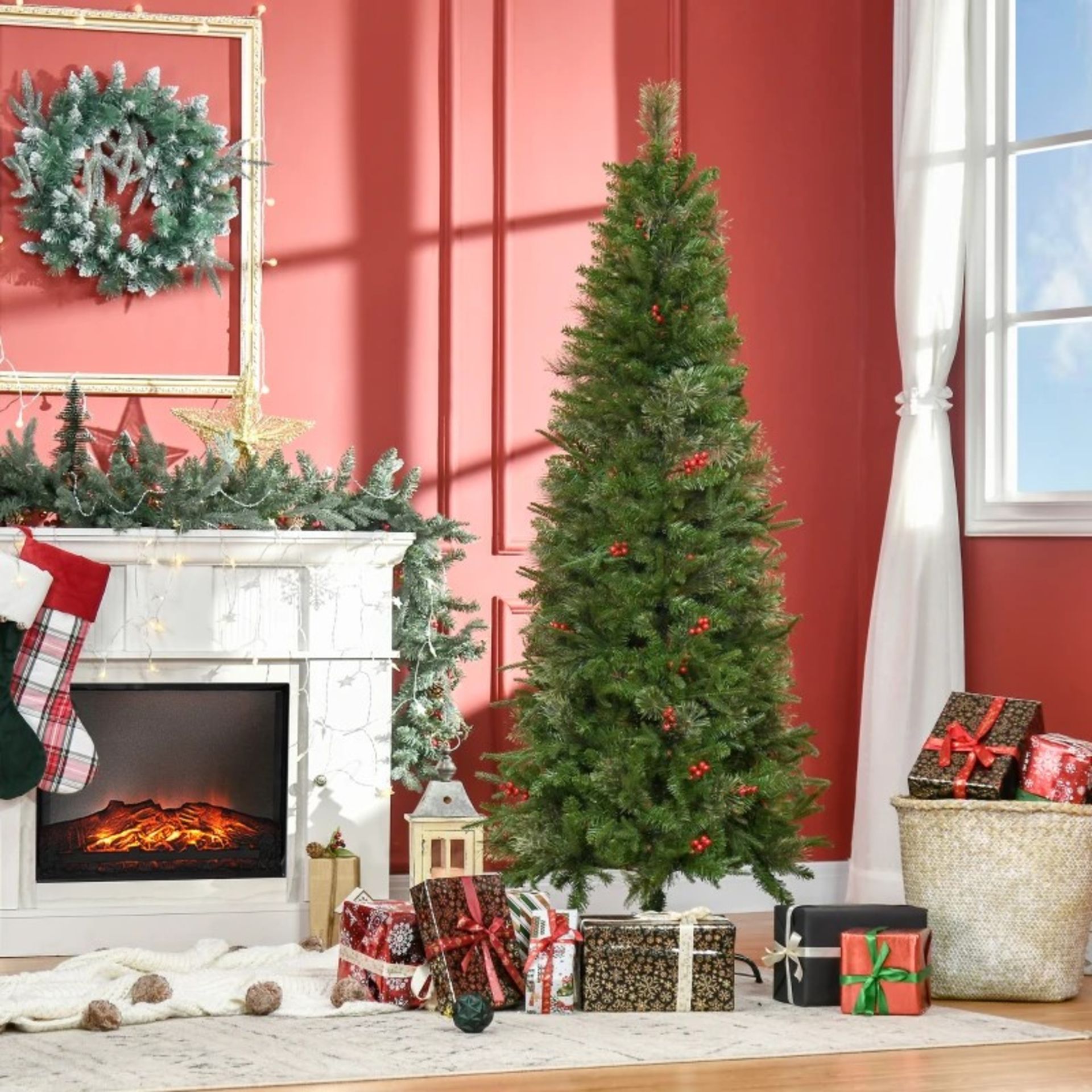 RRP £99.99 - HOMCOM Pencil Artificial Christmas Tree with Realistic Branches, Red Berries, Auto