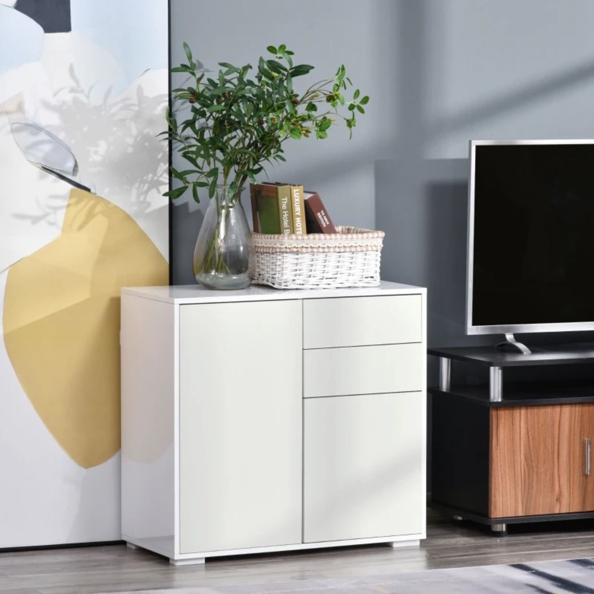 RRP £109.99 - HOMCOM Push-Open Two-Drawer Cabinet, with Two Doors – White - DIMENSIONS: Overall